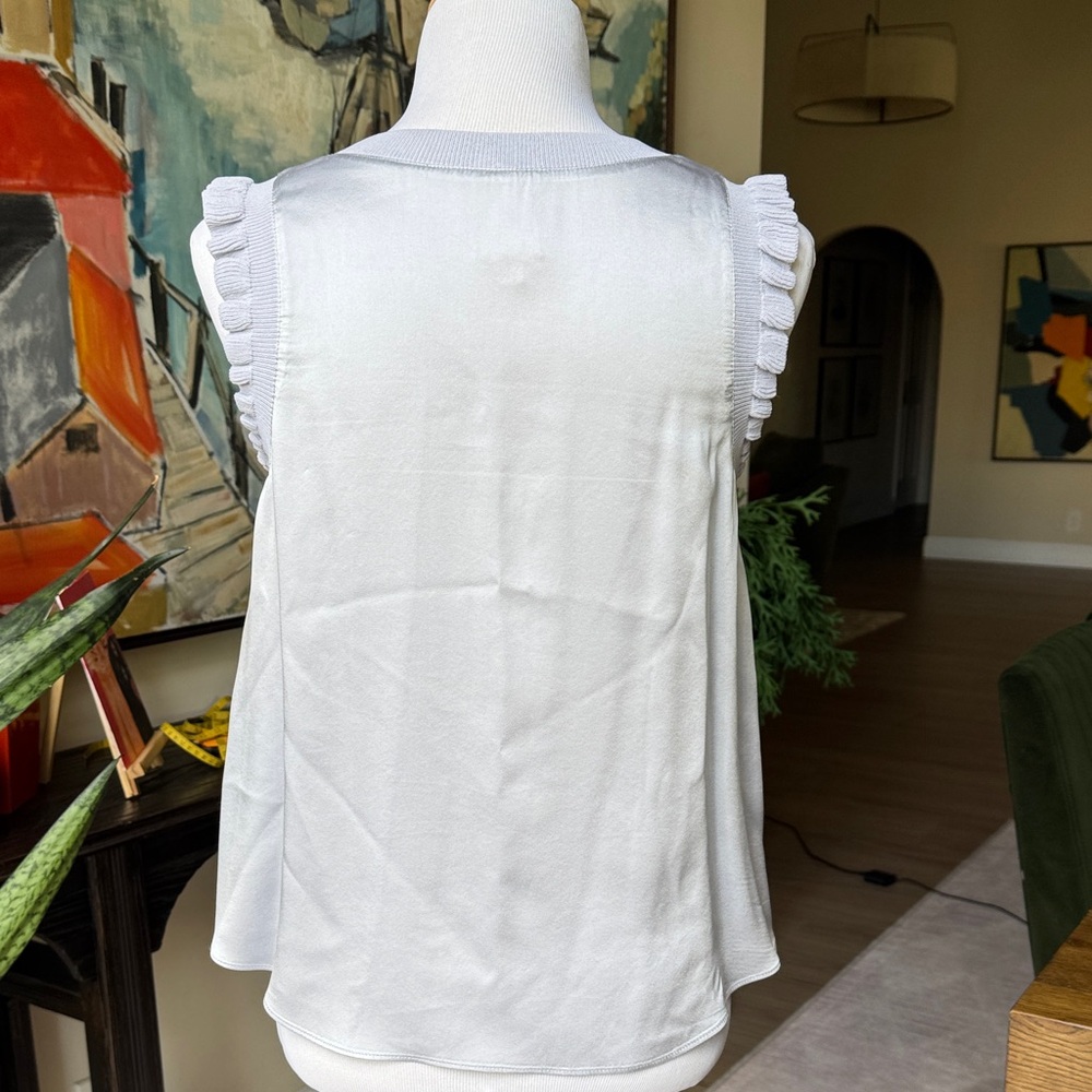 Cinq a Sept Ice Blue Silk Ruffle Trim Shell - Picture 4 of 7